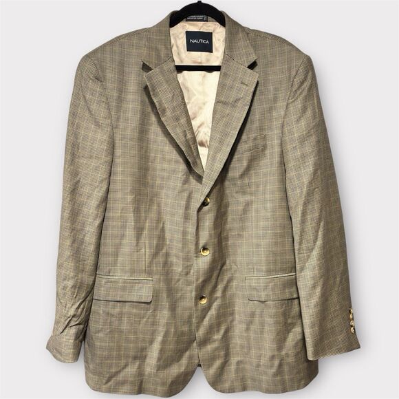 Nautica Other - Nautica Men's Brown Blue Plaid Houndstooth Wool Cashmere Jacket Blazer 46L